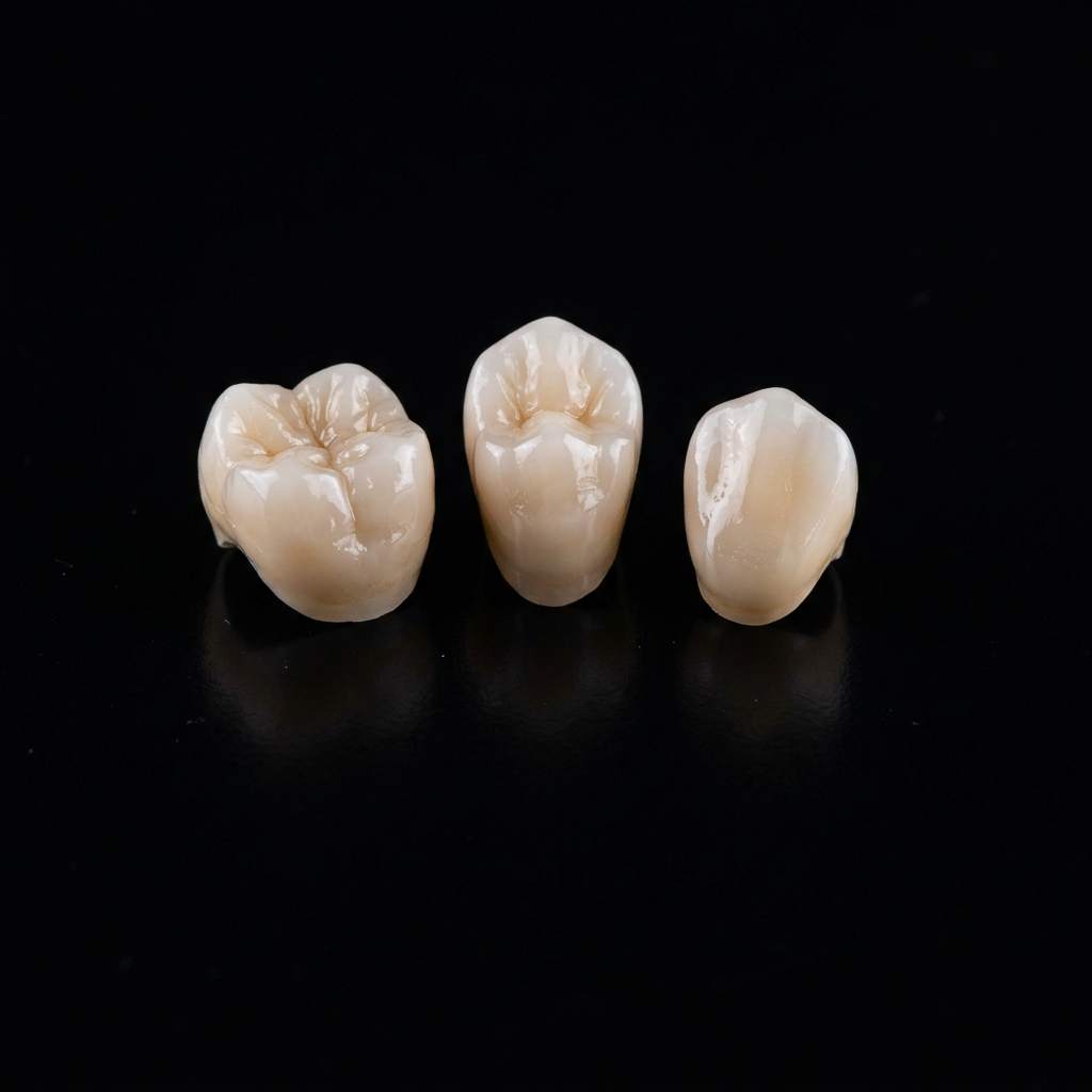 Três coroas dentais de porcelana lado a lado sobre fundo preto