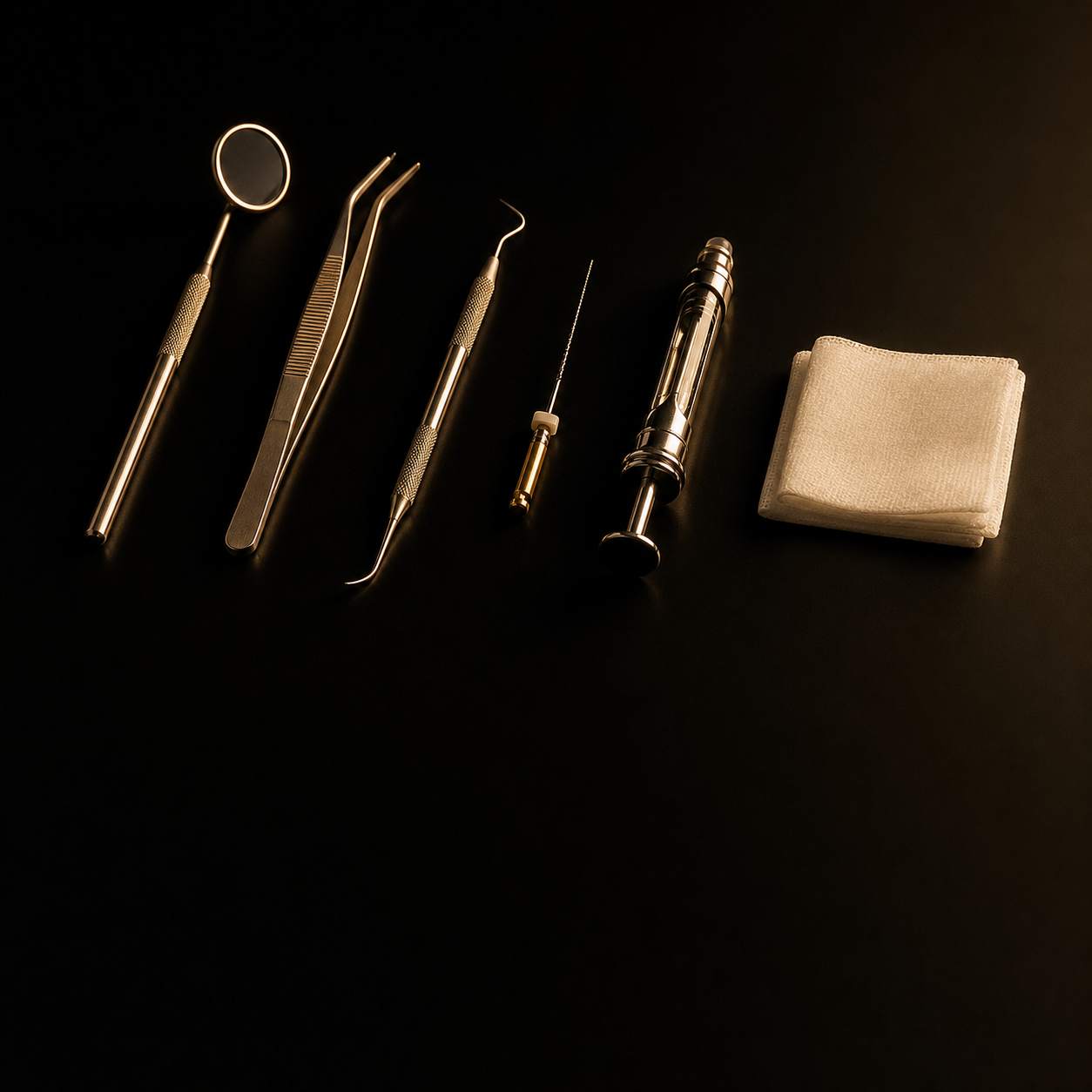 Instrumentos odontológicos alinhados sob luz âmbar quente, ao lado de uma gaze